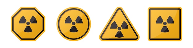 Conjunto de señales de radiación de precaución en diferentes formas en naranja