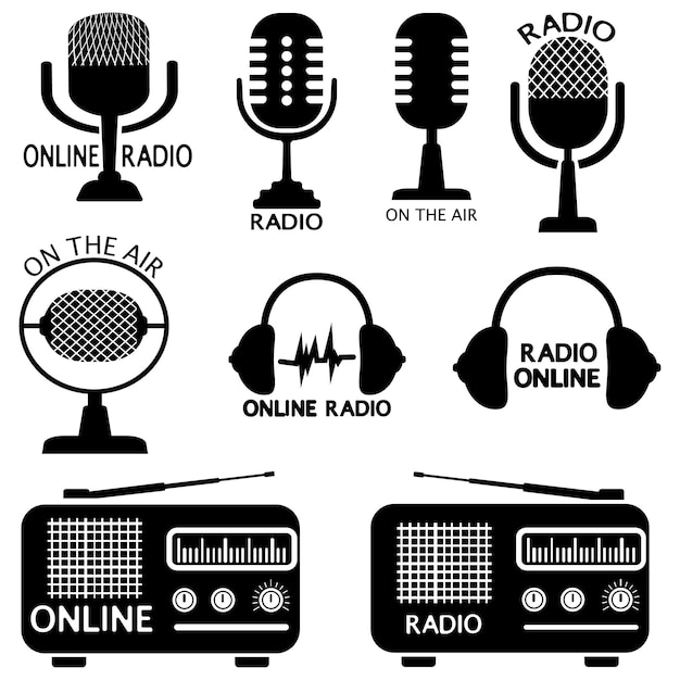 Conjunto de señales de radio, auriculares y micrófono en línea. Signos o plantillas de logotipos. Radiofrecuencia y símbolos en el aire. Colecciones de símbolos para radiodifusión. Aislado. Vector