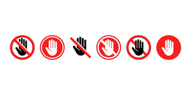 Conjunto con señales rojas prohibidas no tocar No hay etiqueta o pegatina roja de mano de entrada