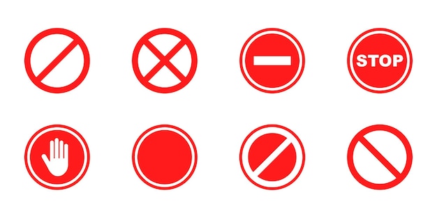 Conjunto de señales rojas prohibidas o no permitidas. Señal de parada redonda. Señales de tráfico prohibidas, prohibidas y restringidas.