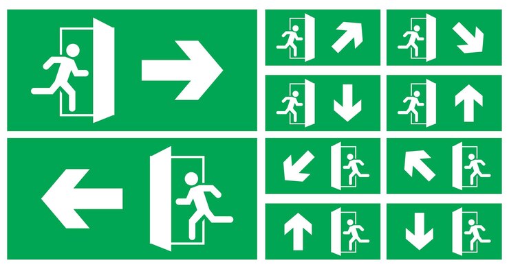 Vector conjunto de señales de salida de emergencia. color verde, vector de flecha. placa de señal de advertencia
