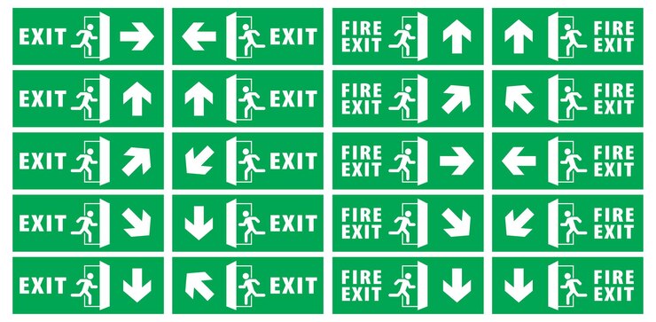 Vector conjunto de señales de salida de emergencia. color verde, vector de flecha. placa de señal de advertencia
