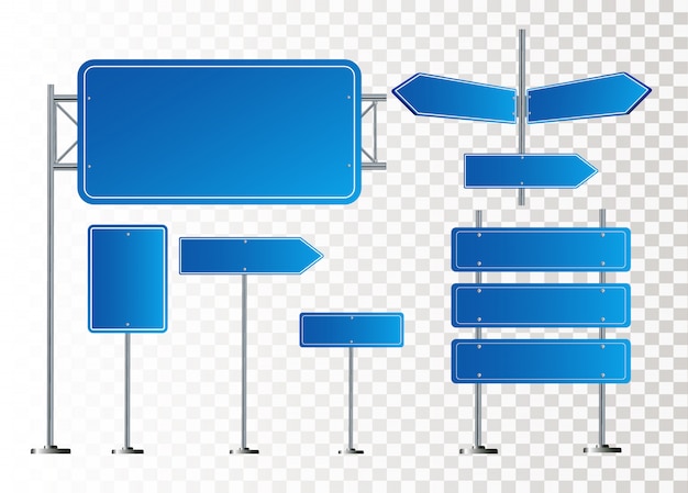 Conjunto de señales de tráfico azul de carretera. Tablero en blanco con lugar para el texto. Bosquejo. Señal de información aislada. Dirección. ilustración