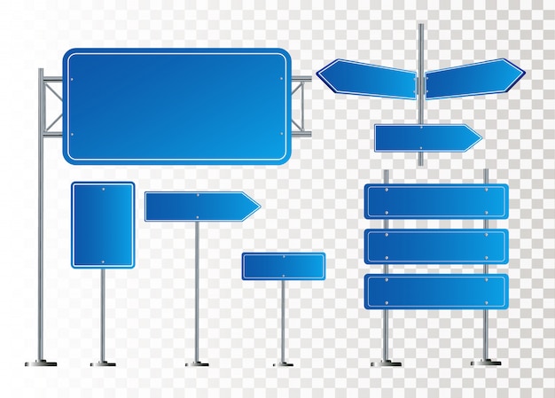 Vector conjunto de señales de tráfico azul de carretera. tablero en blanco con lugar para el texto. bosquejo. señal de información aislada. dirección. ilustración