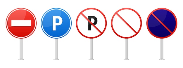 Conjunto de señales de tráfico que indican las regulaciones relativas a las entradas y los lugares de estacionamiento