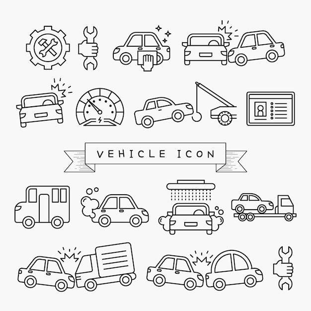 Conjunto sencillo de iconos de contorno delgado vectorial relacionados con el automóvil y el transporte público