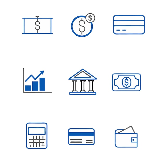 Conjunto sencillo de iconos financieros de contorno azul