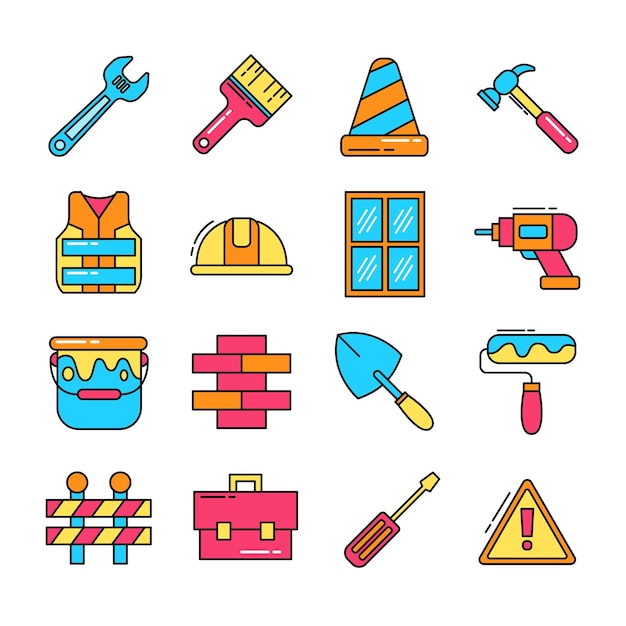 Conjunto sencillo de iconos de líneas vectoriales relacionadas con la construcción Colección de símbolos a todo color