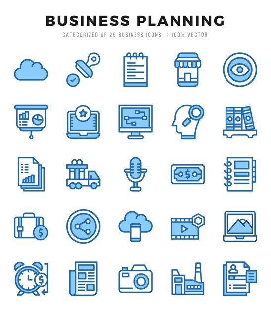 Conjunto sencillo de iconos vectoriales de dos colores relacionados con la estrategia empresarial