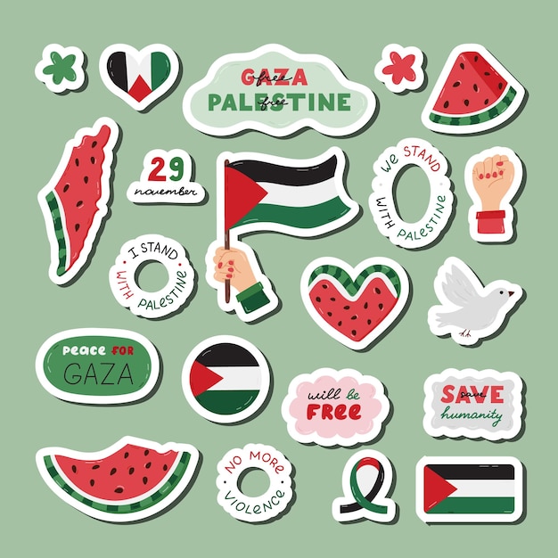 Conjunto sencillo de pegatinas de dibujos animados de Save Palestine con letras y clipart dibujado a mano