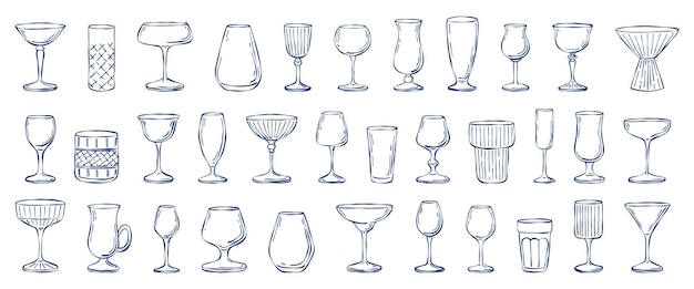 Conjunto sencillo de vasos de bebidas vacíos dibujados a mano Arte de línea vectorial Minimalismo Vino Vino de cóctel Zumo de vidrio