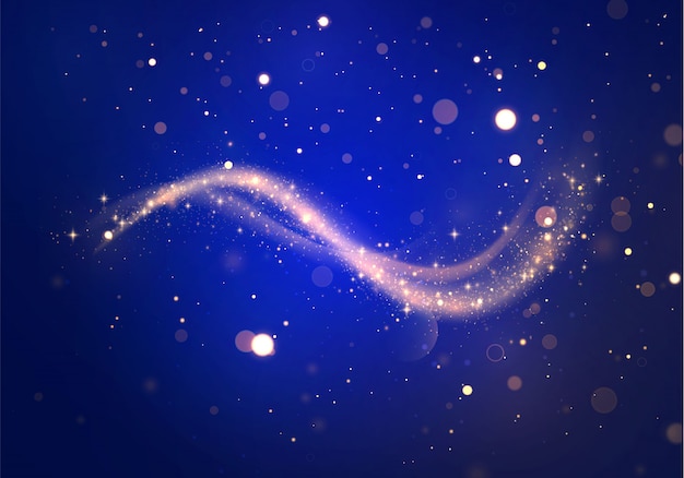 Conjunto de senderos de luz dorados brillantes sobre fondo azul. Flash de onda futurista. Efecto de líneas espirales brillantes brillantes. Las chispas amarillas y las estrellas doradas brillan. Partículas de polvo mágicas.
