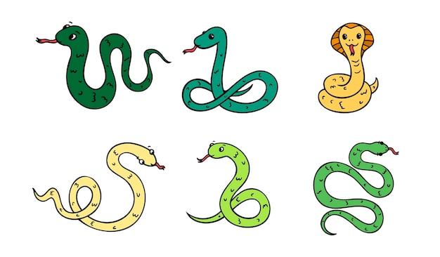 Conjunto de serpientes de color verde dibujado a mano. Sonrisa de serpiente aislada sobre un fondo blanco.