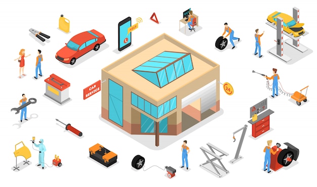 Conjunto de servicio de coche. La gente repara el coche con una herramienta profesional. Mecánico en motor fijo uniforme. Diagnóstico de automóviles en taller. ilustración isométrica