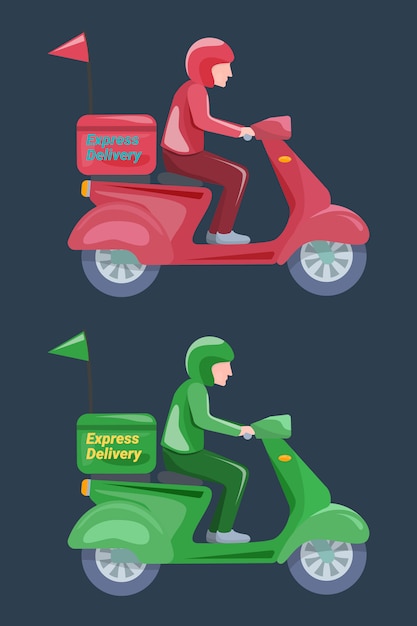 Conjunto de servicio de entrega de motocicletas. concepto de envío de compras en línea