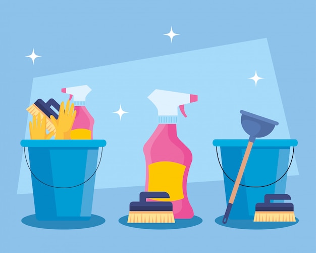Conjunto de servicio de limpieza en cubos con diseño de ilustración de herramientas de limpieza
