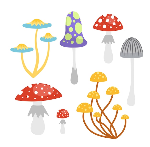 Conjunto de setas venenosas Amanita mosca agárico grebe hongo tóxico Vector de dibujos animados plana