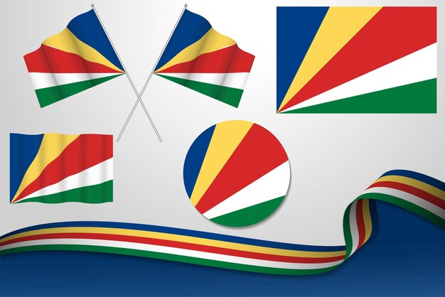 conjunto, de, seychelles, banderas, en, diferente, diseños, icono, desollar, banderas, con, cinta, con, plano de fondo