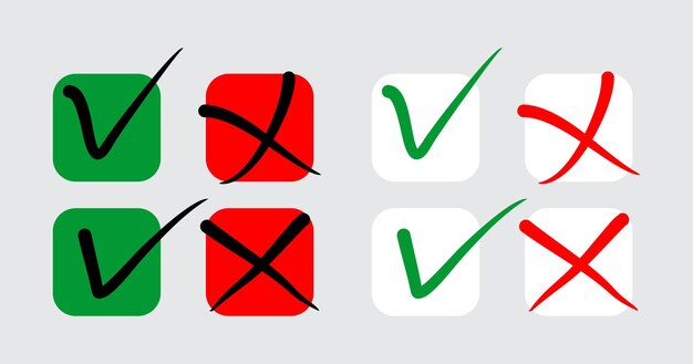 Conjunto de sí y no o correcto e incorrecto o marca de cruz y marca de verificación símbolo estilo de escritura a mano