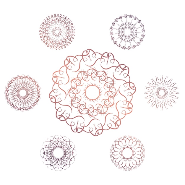 Conjunto de siete elementos circulares geométricos. Monograma de vector sobre fondo blanco. Ilustración vectorial