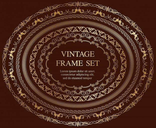 Conjunto de siete marcos vintage ovales de oro aislados en un fondo oscuro. ilustración.