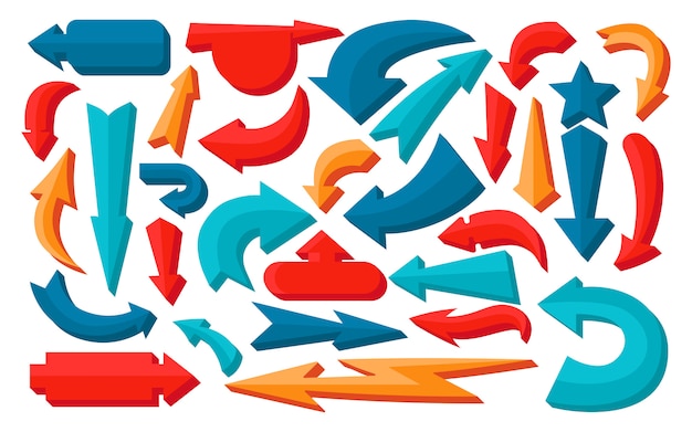 Conjunto de signo de flecha. Volumen coloreado, iconos de cursor de infografía. Símbolo de varias flechas voluminosas diferentes