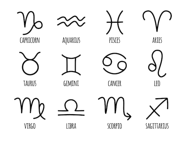 Vector conjunto de signo zodiacal astrológico dibujado a mano