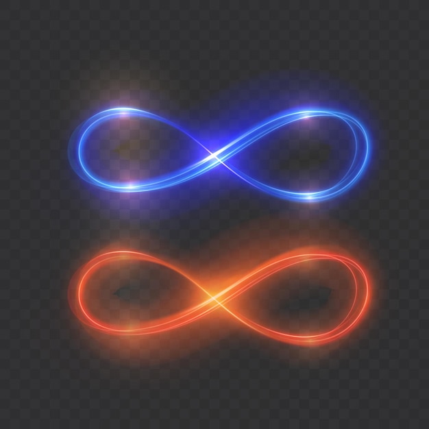 Conjunto de signos azules y naranjas infinito o anillos de fuego sobre fondo transparente, formato vectorial