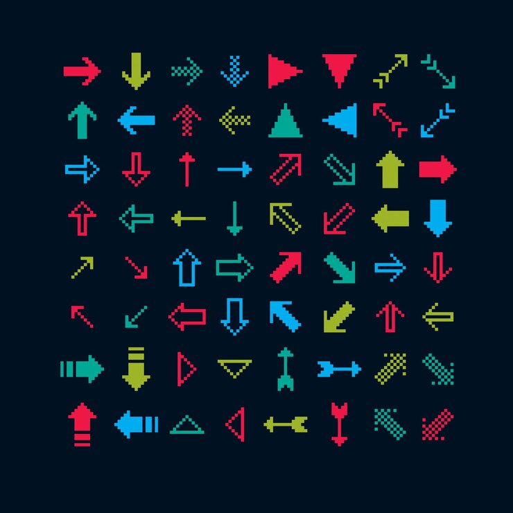 Vector conjunto de signos de cursor retro vectorial hechos en estilo pixel art. flechas simplistas que apuntan en diferentes direcciones, símbolos geométricos pixelados.