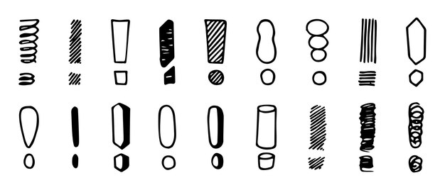 Conjunto de signos de exclamación Diferentes tipos de signos de puntuación iconos y símbolos pintados de negro iconos de signos de puntuación de alerta Colección aislada vectorial Información o mensaje importante