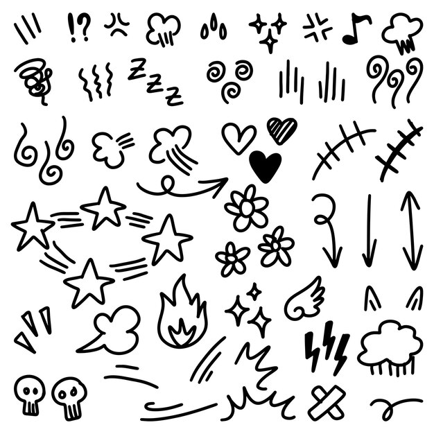 conjunto de signos de expresión dibujados a mano para el diseño conceptual aislado en una ilustración vectorial de fondo blanco