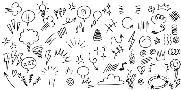 conjunto de signos de expresión dibujados a mano para el diseño conceptual aislados en una ilustración vectorial de fondo blanco