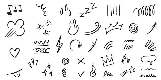 conjunto de signos de expresión dibujados a mano para el diseño conceptual aislados sobre fondo blanco
