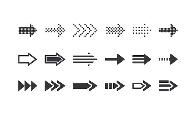 Conjunto de signos de flecha, elementos de diseño gráfico de iconos de rebobinado para navegación web, símbolos de cursor y pictogramas remotos