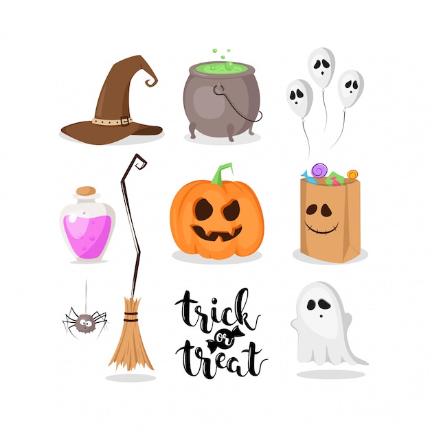 Conjunto de signos de Halloween: calabazas, caldero, fantasma, poción, araña, sombrero de bruja, etc. aislado sobre fondo blanco.