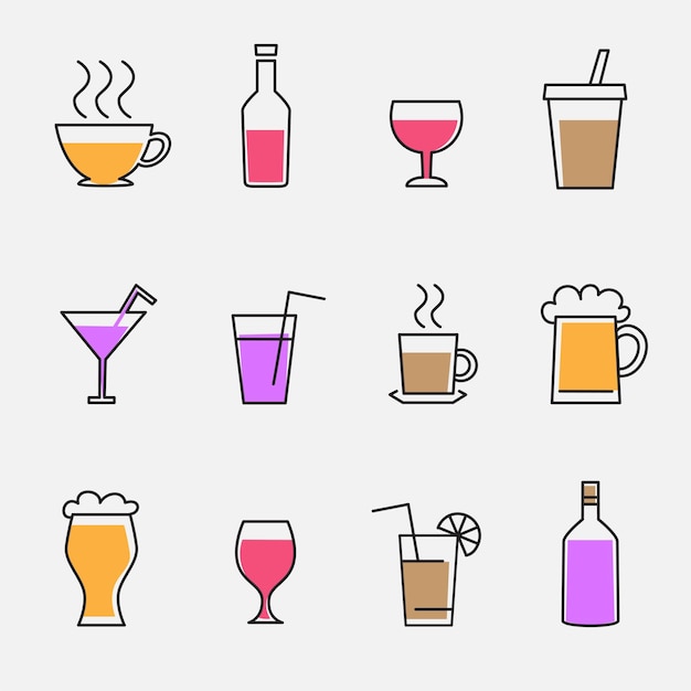 Vector conjunto de signos de iconos de contorno de bebidas