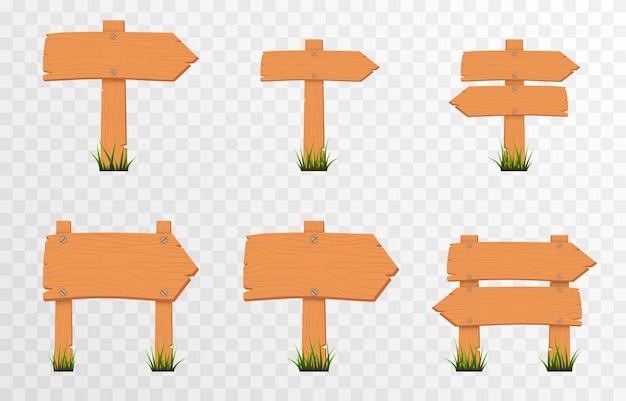 Conjunto de signos de punteros de madera de dibujos animados sobre la hierba verde Placas de punteros de madera