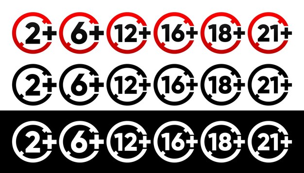 Conjunto de signos de restricción de edad Concepto de límite de edad Signos de advertencia o recomendados Ilustración vectorial