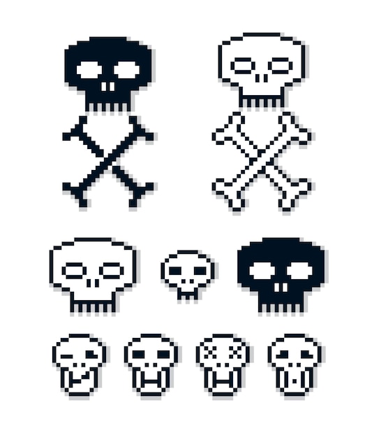 Conjunto de signos retro vectoriales hechos en estilo pixel art. cabezas humanas con huesos cruzados, símbolos geométricos pixelados.