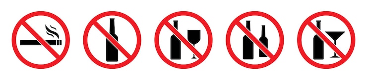 Vector conjunto de signos vectoriales sin alcohol icono aislado conjunto en color rojo y negro no beba íconos de alcohol