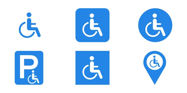 Conjunto de signos vectoriales de discapacidad discapacitados azules sobre fondo blanco. Silla de ruedas para discapacitados.