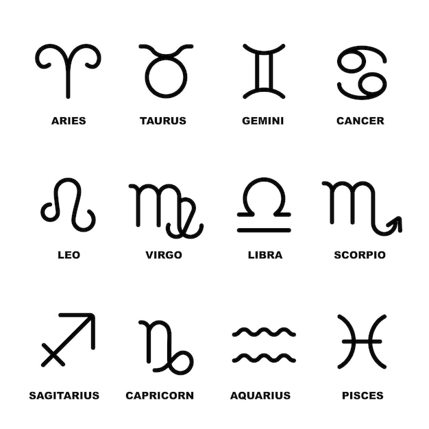 Conjunto de signos del zodiaco Horóscopo aislado Símbolos del Zodiaco Aries Tauro Géminis Cáncer Leo Virgo Libra Escorpio Sagitario Capricornio Acuario y Piscis Astrología del zodiaca