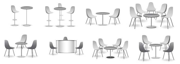 Vector conjunto de silla y mesa de exhibición comercial realista o quiosco de exhibición en blanco blanco o stand cor