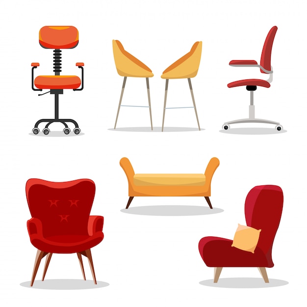 Vector conjunto de sillas. cómodo sillón de muebles y diseño de asiento moderno en la ilustración interior. sillas de oficina de negocios o sillones aislados