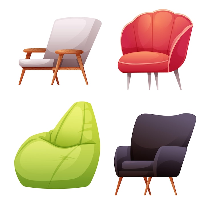Vector conjunto de sillas modernas silla escandinava silla de concha silla de pera silla simple silla ilustración vectorial de elementos interiores en estilo de dibujos animados
