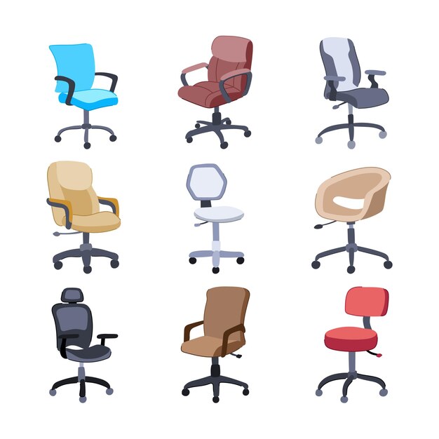 conjunto de sillas de oficina interior de dibujos animados escritorio de negocios sala de trabajo muebles silla de oficina signo símbolo aislado ilustración vectorial