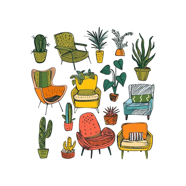 conjunto de sillas y plantas caseras dibujado a mano dibujo vector ilustrado