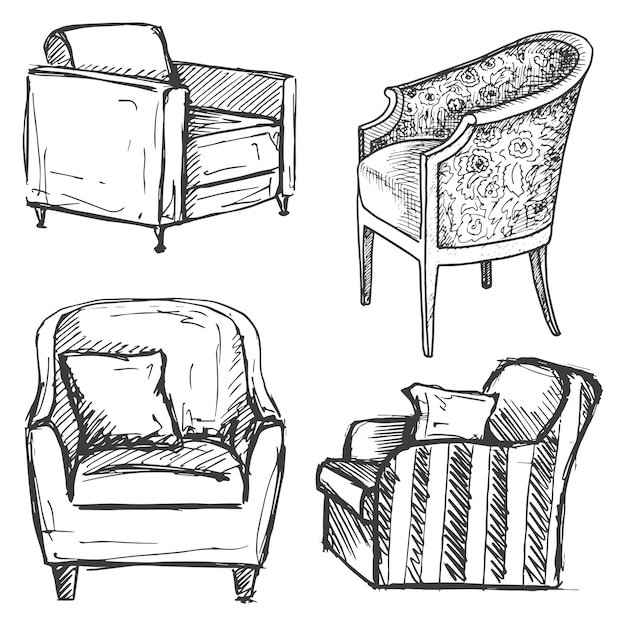 Conjunto de sillones aislado sobre fondo blanco. Ilustración en un estilo de dibujo.