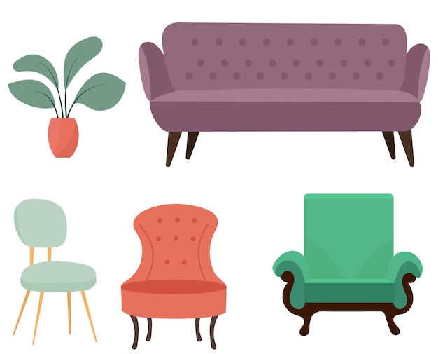 conjunto de sillones y sofá en vector de estilo plano