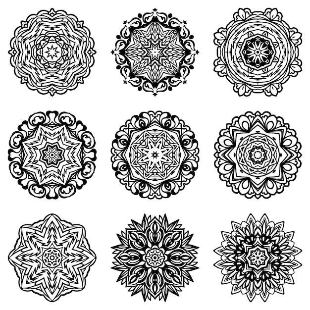 Conjunto de silueta abstracta de copo de nieve y marco. Formas decorativas ornamentales mandala blanco y negro.